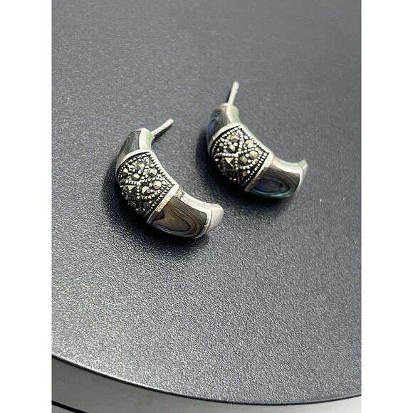 FAS DESIGNER Abalone & Marcasite 925 J-Hoop Post Pierced Earrings 5.30g - Picture 7 of 11